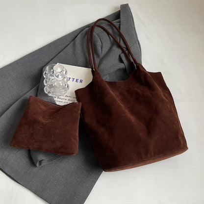 Suede Tote Bag – Women's Retro Large Shoulder Bag with Pouch