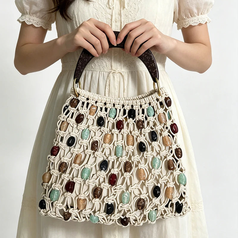 Hand-Woven Beaded Hollow Handbag – Luxury Boho Beach Bag for Women