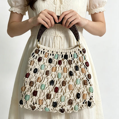 Hand-Woven Beaded Hollow Handbag – Luxury Boho Beach Bag for Women