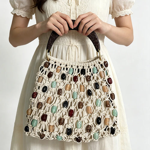 Hand-Woven Beaded Hollow Handbag – Luxury Boho Beach Bag for Women