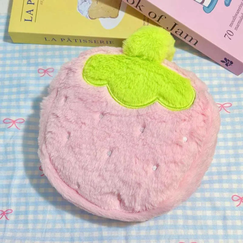 Cute Strawberry Plush Makeup Bag – Large Capacity Travel Cosmetic Pouch