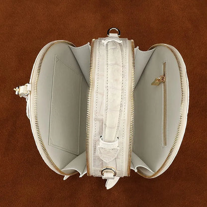 Crocodile Leather Round Bag – White Crossbody Handbag