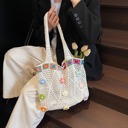 Crochet Flower Beach Tote Bag Women's Boho Shoulder Bag
