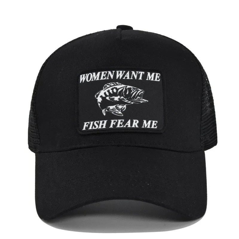 Women Want Me Fish Fear Me Trucker Hat – Unisex Fishing Cap
