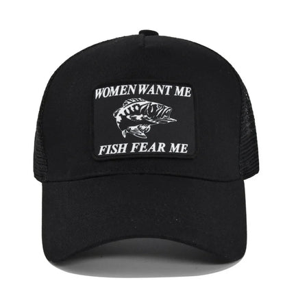 Women Want Me Fish Fear Me Trucker Hat – Unisex Fishing Cap