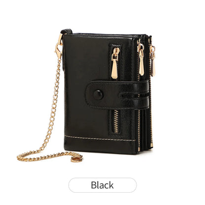 Women's Double Zipper Short Wallet with Detachable Chain