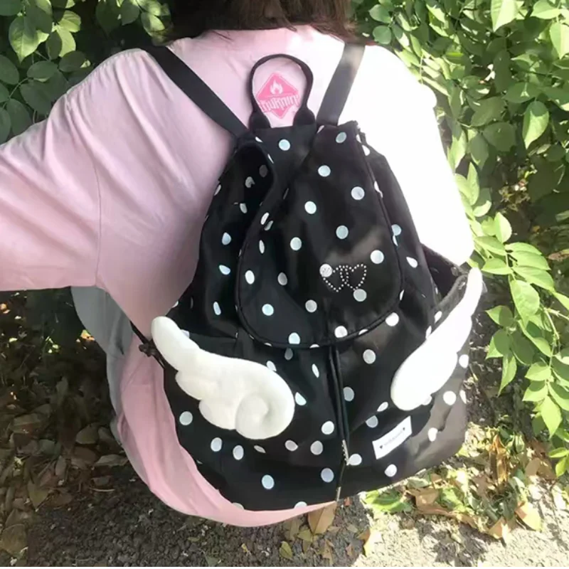 Y2K Polka Dot Backpack - 3D Angel Wings Kawaii Drawstring Bag for Girls