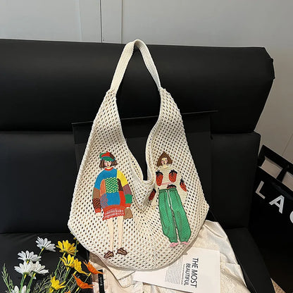 Crochet Mesh Knit Shoulder Bag – Cartoon Tote Beach Bag for Women