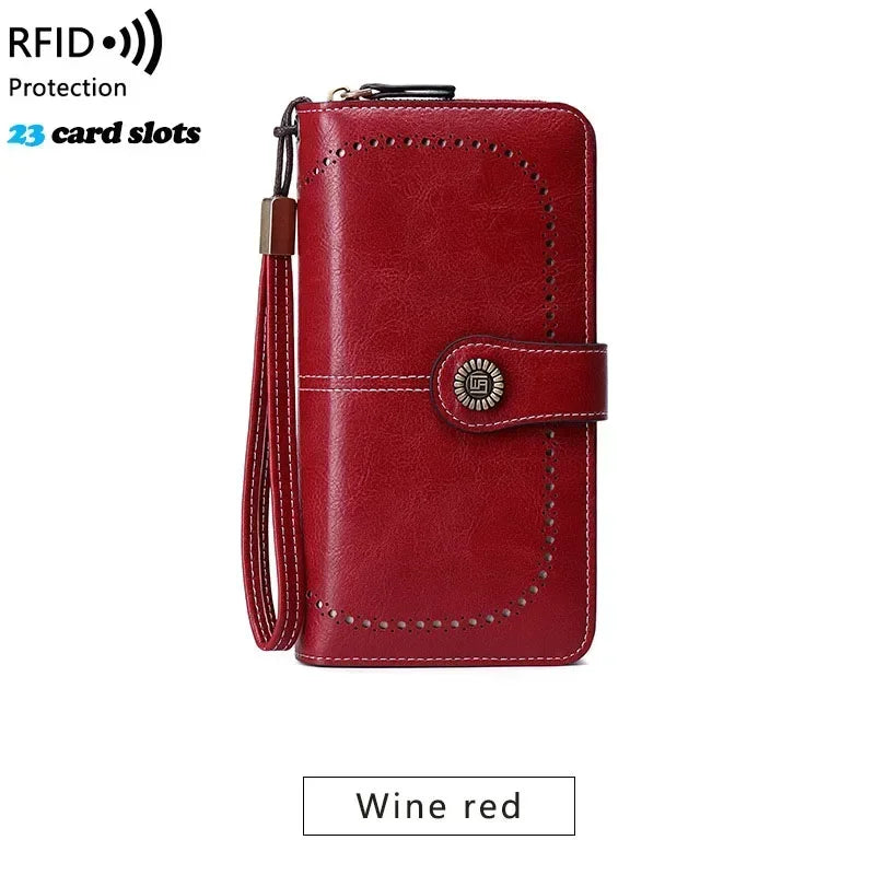 RFID Blocking Women's Leather Wallet – Large Zipper Clutch with 23 Card Slots