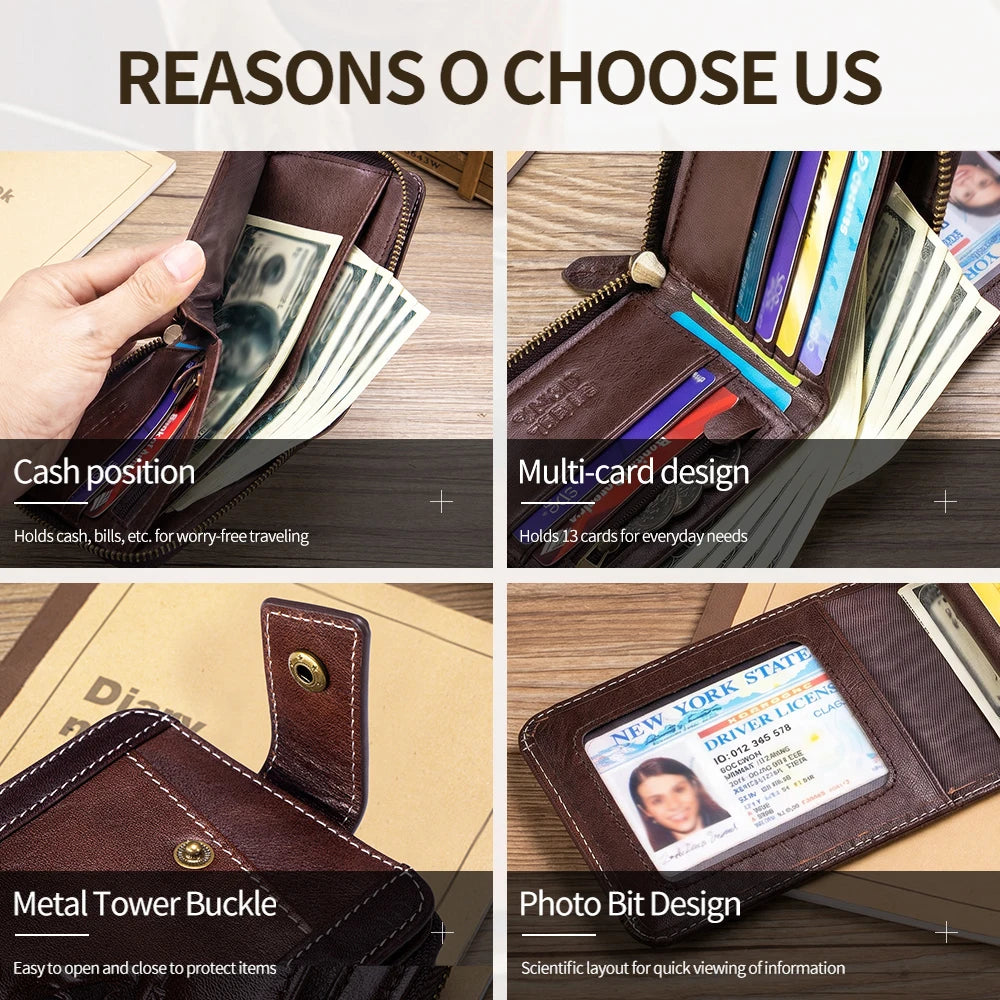 Men's Leather Zipper Wallet with Coin Purse & Card Slots