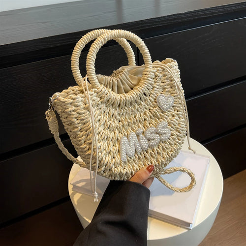 Round Straw Tote Bag – Pearl MISS Letter Woven Handbag