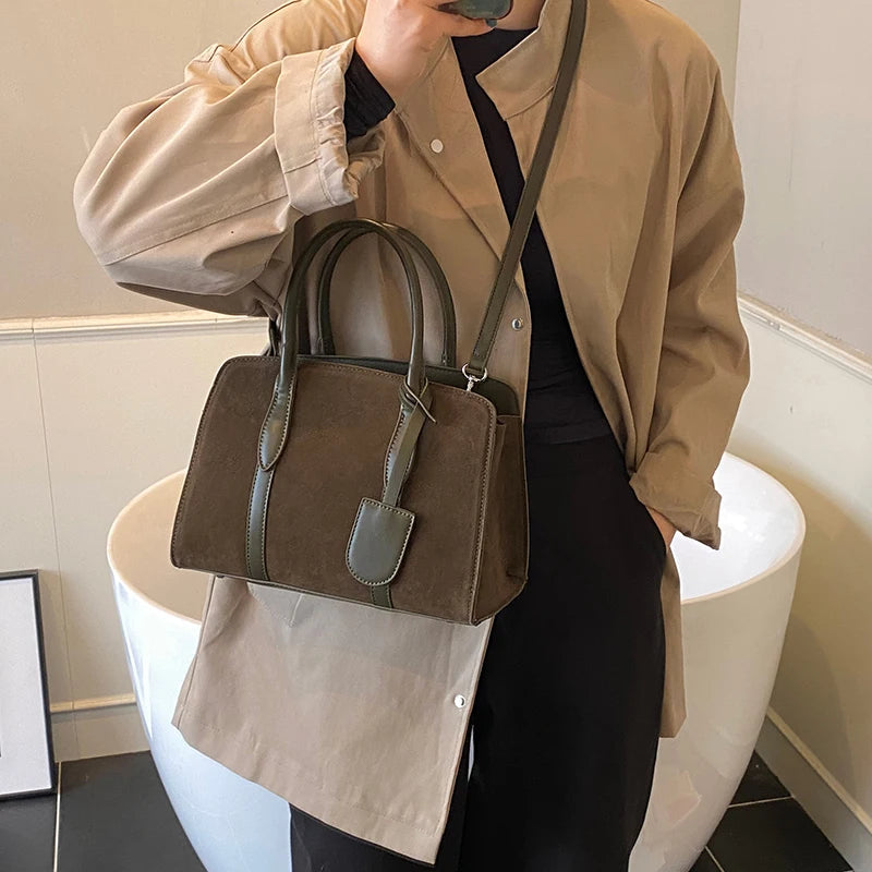 Moods Luxury Designer Top-Handle Boston Bags Women Pu Suede Pure Color Big Capacity Shopper Shoulder