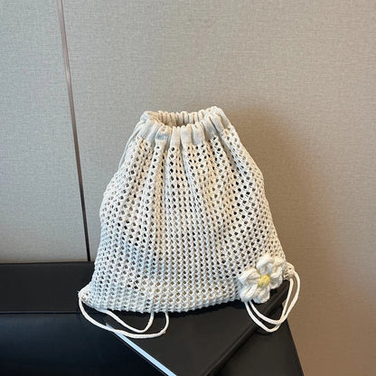Crochet Drawstring Backpack for Women – Hollow Knit Flower Bag