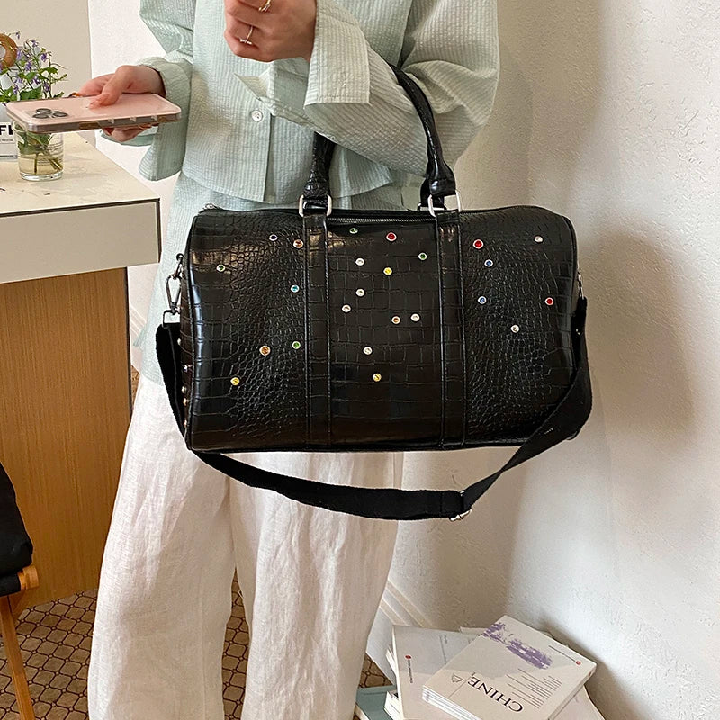 Moods Alligator Grain Big Duffel Bags Women Luxury Designer Handbags Diamond Decor Large Capacity
