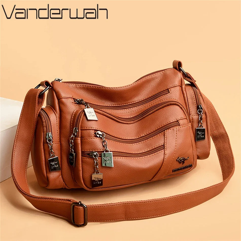 Multi-Pocket PU Leather Shoulder Bag – Women's Luxury Crossbody Messenger