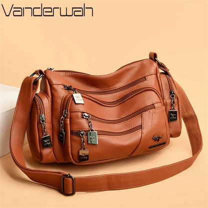 Multi-Pocket PU Leather Shoulder Bag – Women's Luxury Crossbody Messenger