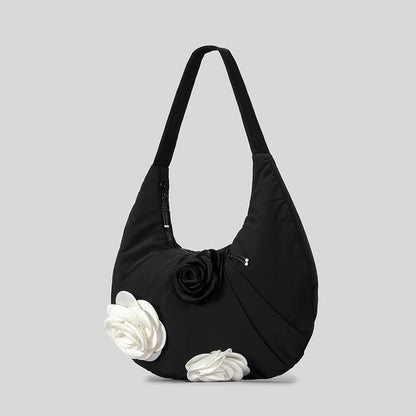 Elegant Camellia Deco Hobos Women Shoulder Bags Casual Nylon Padded Crossbody Large Capacity Puffer