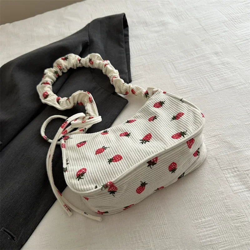 Strawberry Print Corduroy Shoulder Bag – Cute Women's Underarm Tote