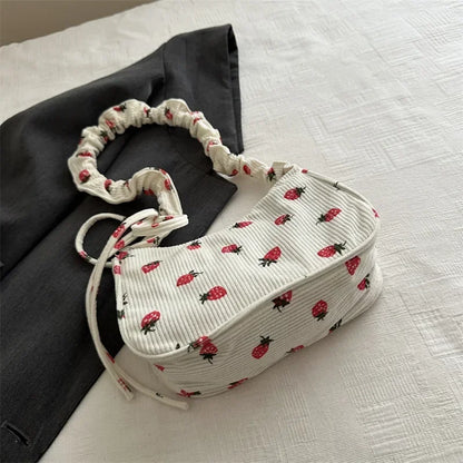 Strawberry Print Corduroy Shoulder Bag – Cute Women's Underarm Tote