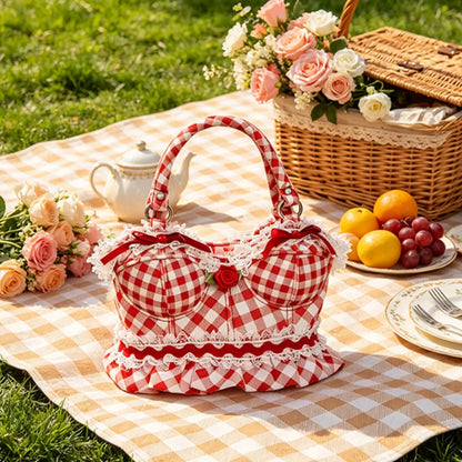 Novelty Bust-Shape Handbag – Plaid Lace Rose Shoulder Bag for Women