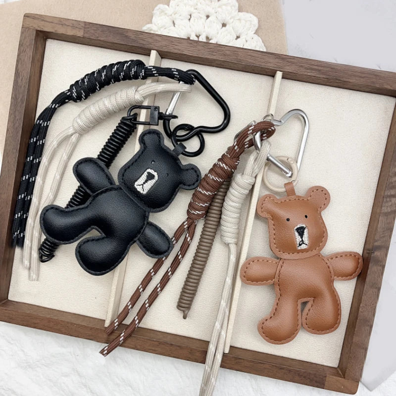 Leather Bear Keychain Bag Charm - Handmade Puppet Pendant Gift