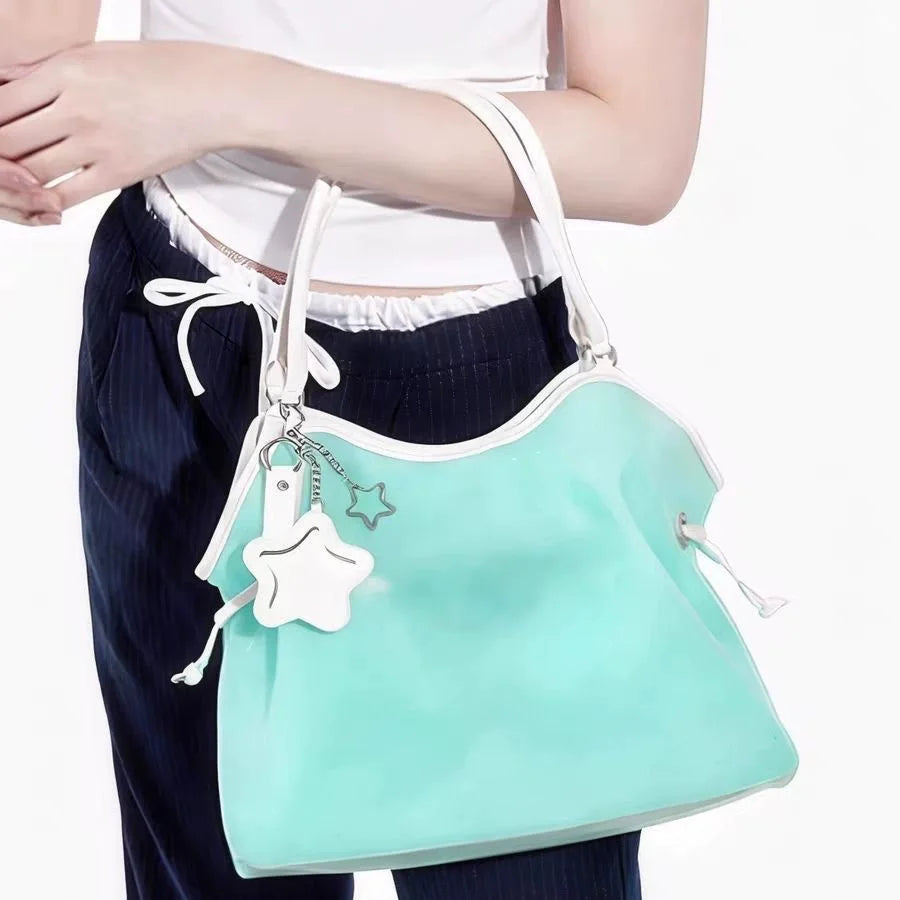 Clear Pvc Waterproof Large Capacity Jelly Candy Color Tote Bag Women Lightweight Shopper Pouch
