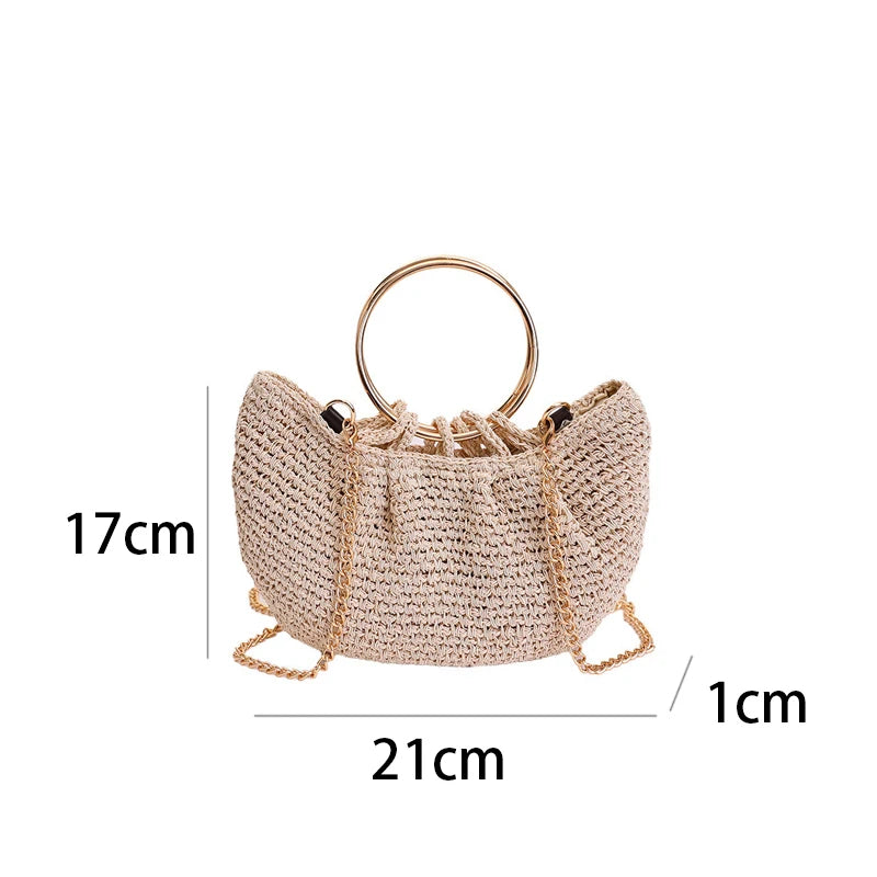 Handwoven Straw Crossbody Bag with Gold Ring Handle