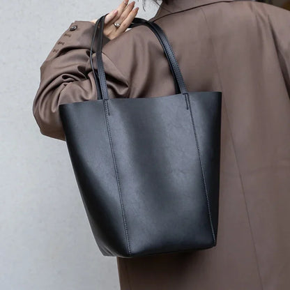 Genuine Leather Bucket Tote Bag for Women – Minimalist Large Capacity Shoulder Bag