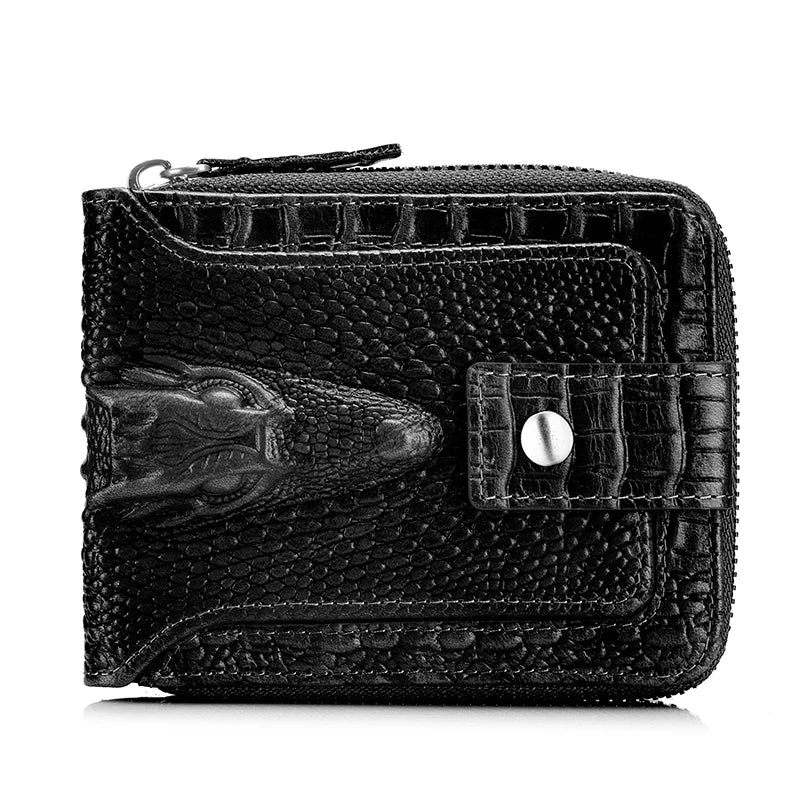 Men's Leather Wallet – Crocodile Pattern Zip-Around with Card Slots