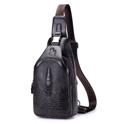 Men's Leather Chest Bag – Crocodile Pattern Sling with USB Charging