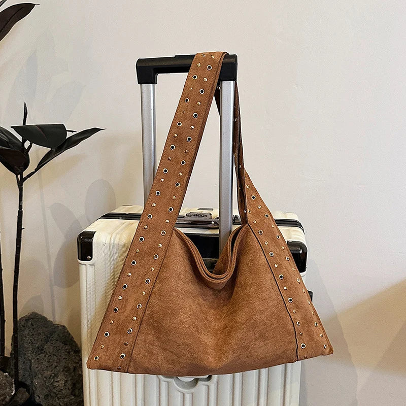 Frosted Leather Rivet Hobo Tote Bag – Women's Large Capacity Shoulder Bag