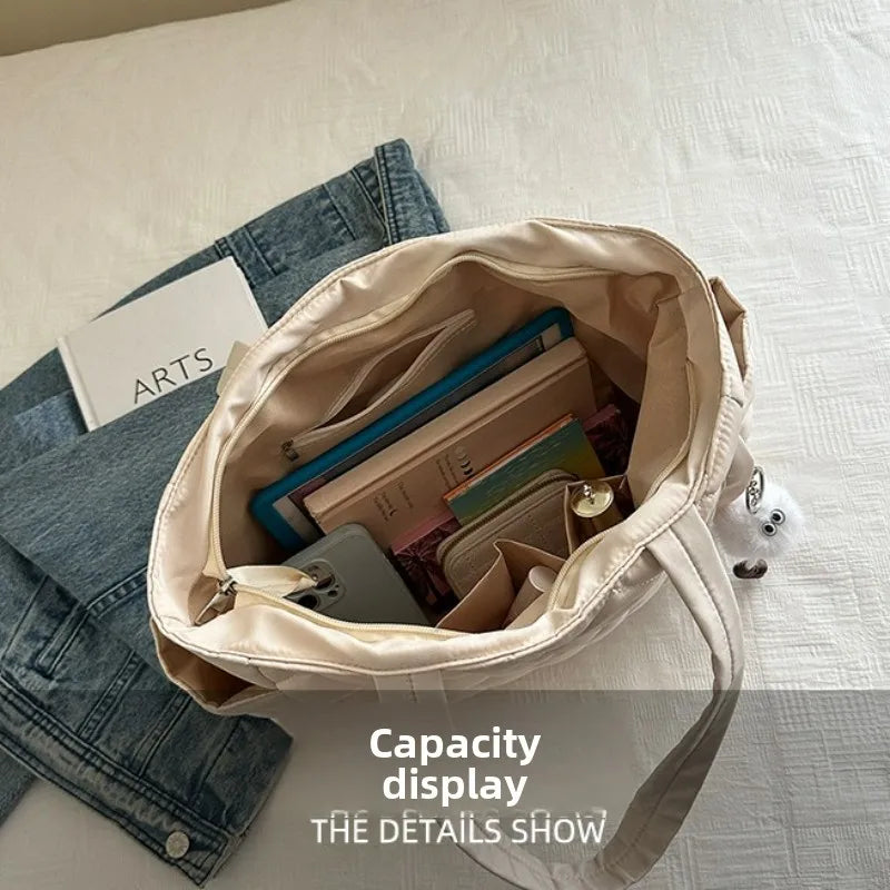 Cotton Shoulder Bag - Large Capacity Diamond Pattern Tote for Women