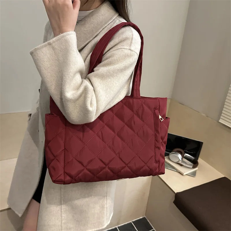 Autumn Winter Top Handle Bag Women Large Capacity Lightweight Commuting Tote Quilted Simple Texture