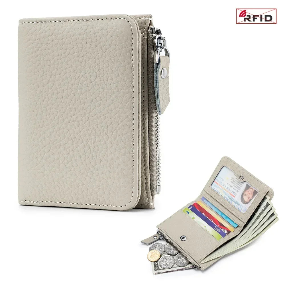 RFID Blocking Genuine Leather Wallet for Women – Short Bifold with Zipper Coin Purse