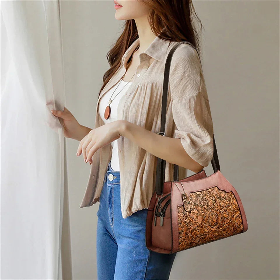 Luxury Floral Embossed Leather Handbag for Women