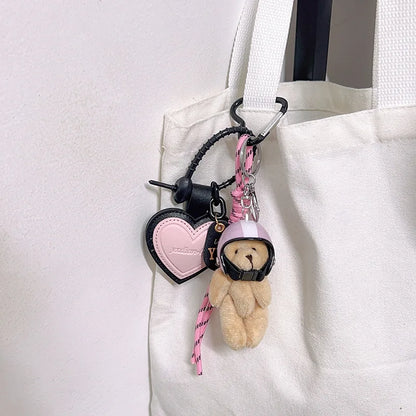Helmet Bear Keychain Bag Charm with Heart Leather Tag