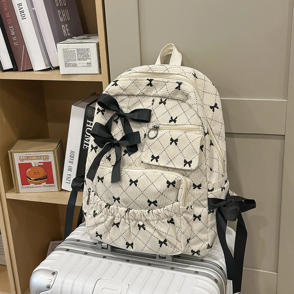 Corduroy Bow Backpack – Cute Large Capacity College School Bag