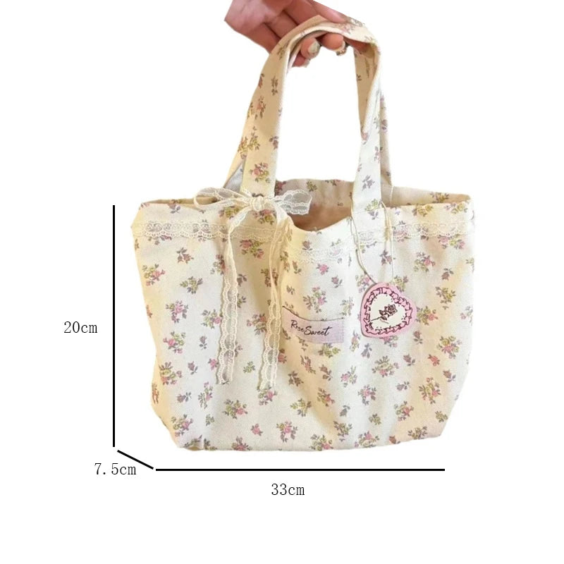 Large Capacity Floral Canvas Tote Bag with Lace Bow