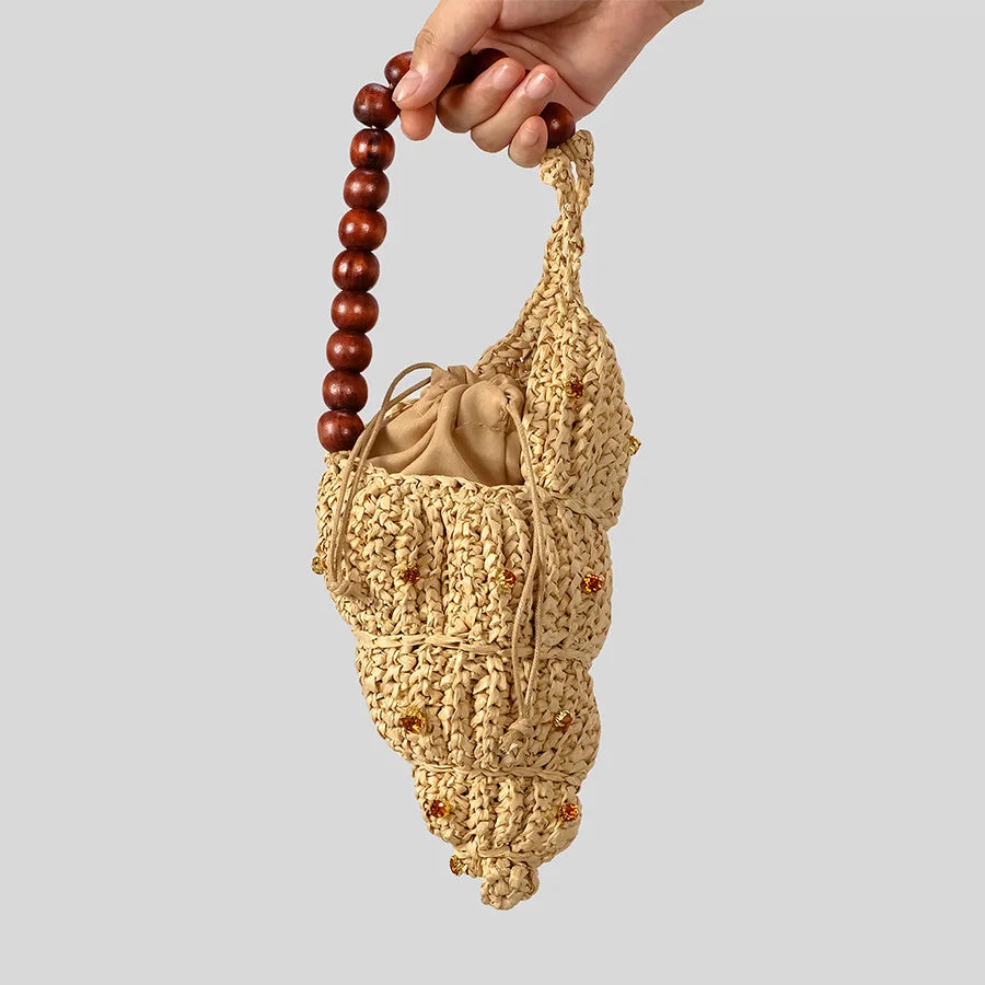 Creative Diamonds Conch Design Straw Bag Handmade Woven Women Handbags Wooden Beading Strap Shoulder