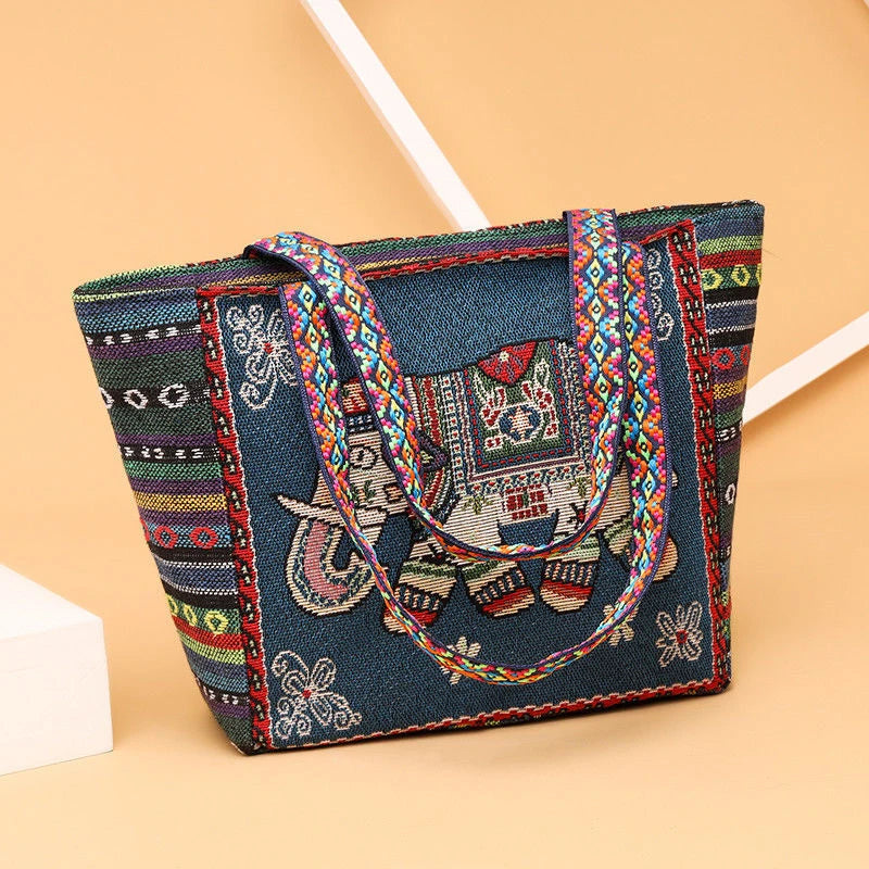 Embroidered Canvas Tote Bag – Ethnic Boho Shoulder Handbag