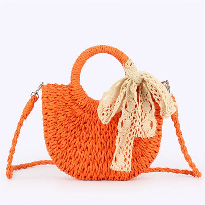 Moon Shape Straw Bag for Women – Woven Rattan Tote with Lace Bow