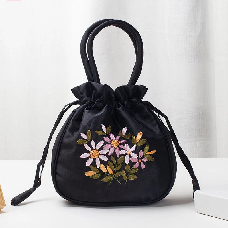 Embroidered Drawstring Handbag – Floral Satin Bucket Bag