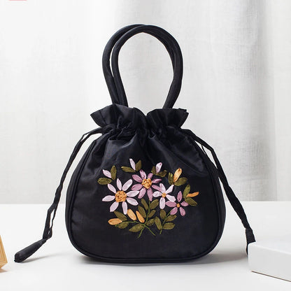Embroidered Drawstring Handbag – Floral Satin Bucket Bag