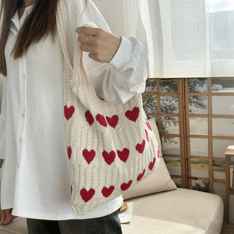Knitted Heart Pattern Shoulder Tote Bag for Women