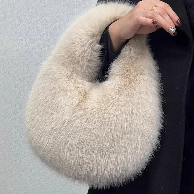 Faux Fur Half Moon Bag for Women – Fluffy Mini Tote Handbag