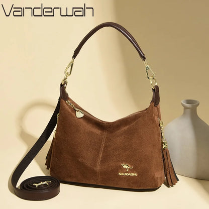 Women's Faux Suede Crossbody Shoulder Bag with Tassel
