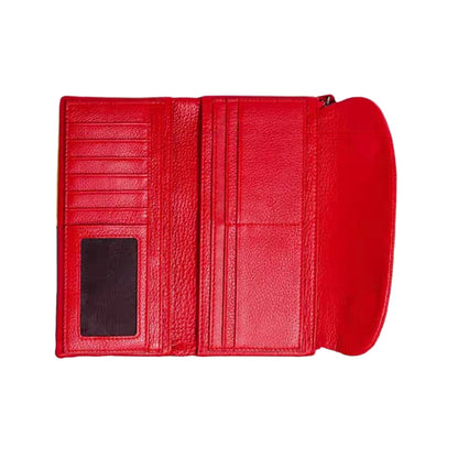 Genuine Leather Tri-Fold Long Wallet for Women – Patchwork Color-Block Purse