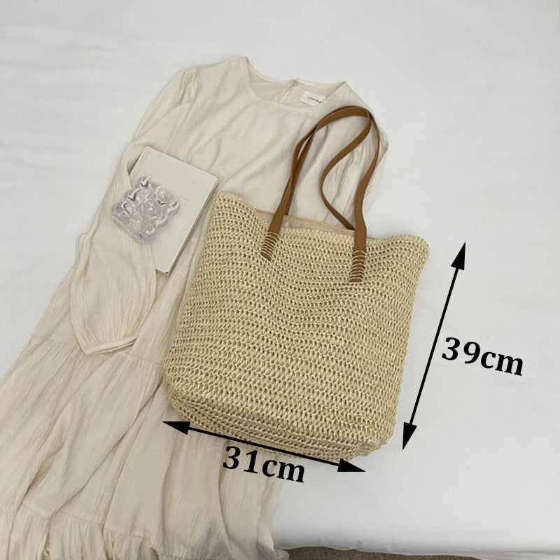 Handmade Straw Woven Round Beach Tote Bag