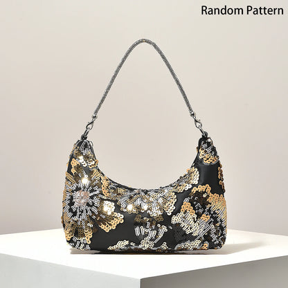 Sequin Floral Embroidery Shoulder Bag – Evening Clutch