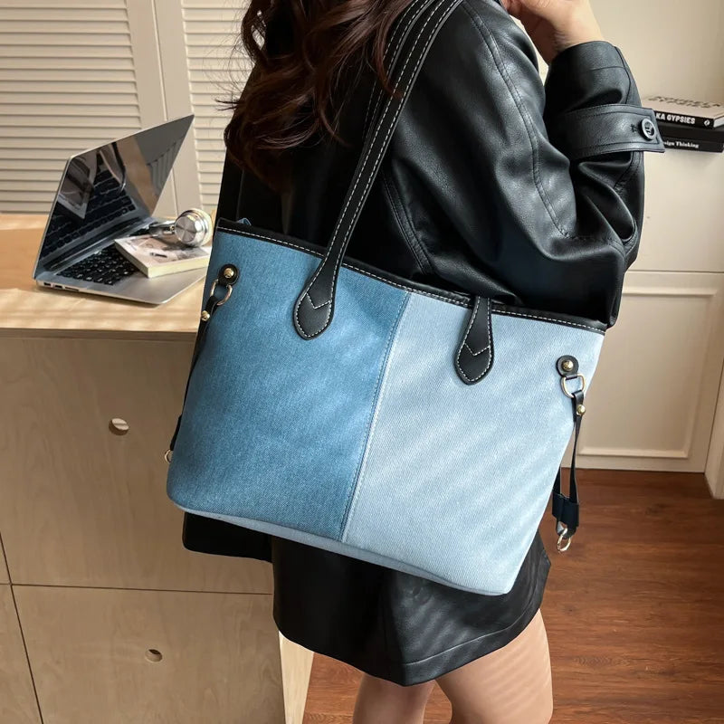 Large Capacity Denim Tote Bag for Women – Commuter Shoulder Bag